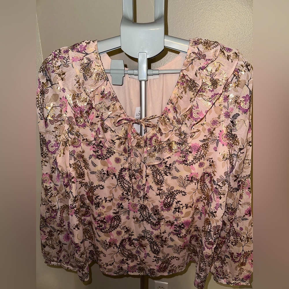 LOFT Floral Lace-Up Blouse - Pink and Gold NWT